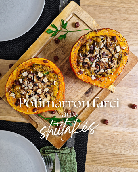 Potimarron farci au poulet, shiitakés et quinoa